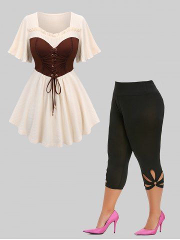 Grommets Ruffles Lace-up Lace Trim Crepe Top and Metal Ring Cut Out Capri Leggings Plus Size Summer Outfit - COFFEE