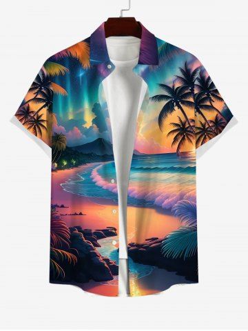 Plus Size Coconut Tree Sea Waves Coloful Cloud Print Pocket Buttons Shirt For Men - BLACK - S