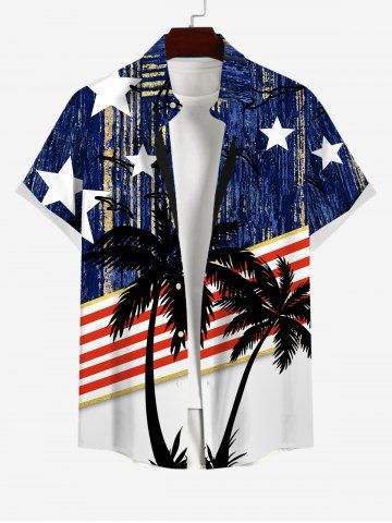 Plus Size Patriotic American Flag Coconut Tree Star Print Buttons Pocket Hawaii Shirt For Men - MULTI-A - S