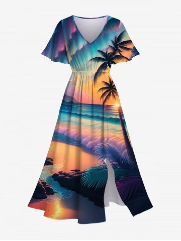 Plus Size Coconut Tree Sea Waves Coloful Cloud Print Pocket Hawaii Split Dress - MULTI-A - XS