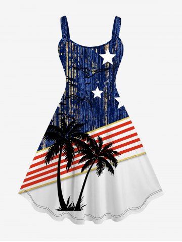 Plus Size Patriotic American Flag Coconut Tree Star Print Hawaii Tank Dress - MULTI-A - XS