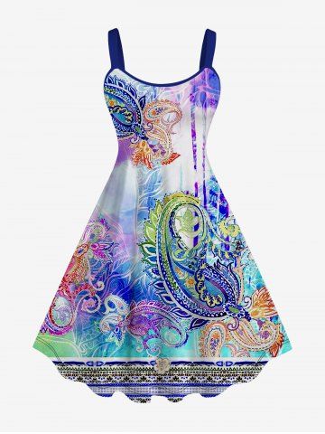 Plus Size Colorful Paisley Ethnic Print Ombre A Line Tank Dress - MULTI-A - XS
