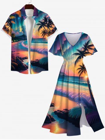 Coconut Tree Sea Waves Coloful Cloud Print Plus Size Matching Hawaii Beach Outfit For Couples
