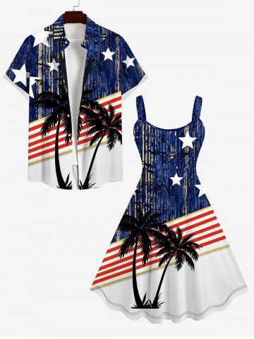 Patriotic American Flag Coconut Tree Star Print Plus Size Matching Outfit For Couples - MULTI-A