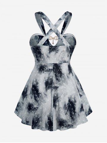 Plus Size Tie Dye Letters Print D-Ring Buckle Decor Crisscross Backless Wrap Tank Top