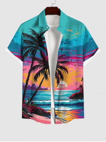 Plus Size Coconut Tree Sea Sunset Cloud Colorblock Print Buttons Pocket Hawaii Shirt For Men - MULTI-A - XL