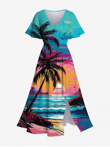Plus Size Coconut Tree Sea Sunset Cloud Colorblock Print Split Hawaii Dress - MULTI-A - S