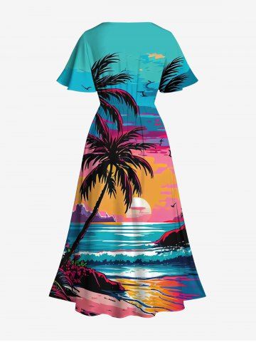 Plus Size Coconut Tree Sea Sunset Cloud Colorblock Print Split Hawaii Dress