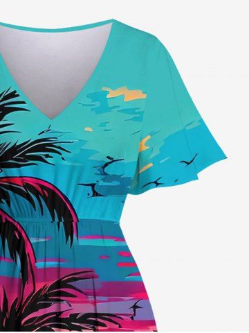 Plus Size Coconut Tree Sea Sunset Cloud Colorblock Print Split Hawaii Dress