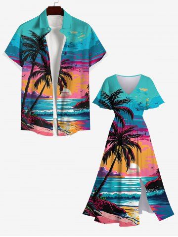 Coconut Tree Sea Sunset Cloud Colorblock Print Plus Size Matching Hawaii Beach Outfit For Couples - MULTI-A