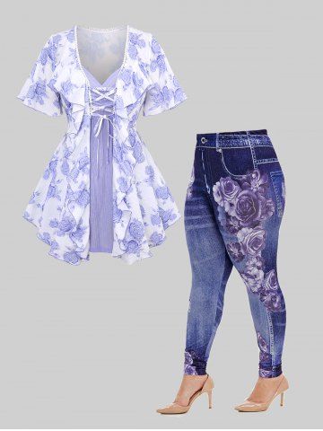 Rose Print Lace Up Blouse and Ruched Ribbed Cami Top and High Rise Floral Gym 3D Jeggings Plus Size Summer Outfit - PURPLE