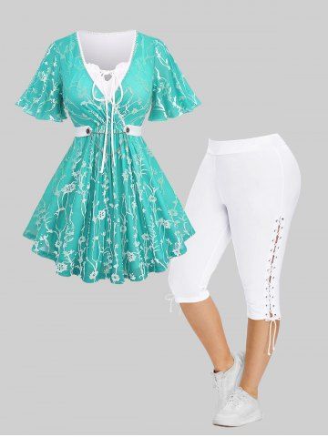 Flocking Mesh Bowknot Button Chains Panel Surplice Lace Trim 2 In 1 Top and High Waisted Lace-up Side Capri Pants Plus Size Summer Outfit - GREEN