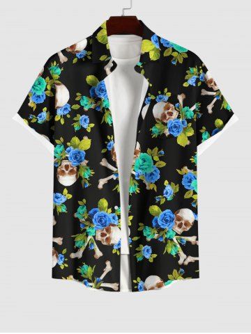Men's Skulls Rose Flower Leaf Print Buttons Pocket Shirt - BLACK - XL