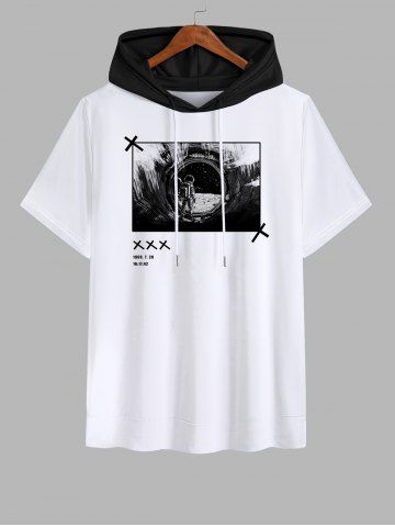 Men's Astronaut Photo Print Drawstring Hooded T-shirt - WHITE - 2XL