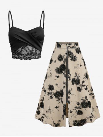 Floral Lace Panel Crossover Cropped Cami Top and Ink Painting Rose Flower Zipper Textured Skirt Plus Size Outfit - BLACK