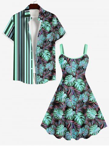 Colorful Coconut Leaves Print Plus Size Matching Hawaii Beach Outfit For Couples - GREEN
