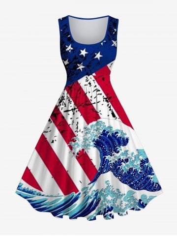 Plus Size Patriotic American Flag Sea Waves Print 1950s Vintage Dress - MULTI-A - 1X