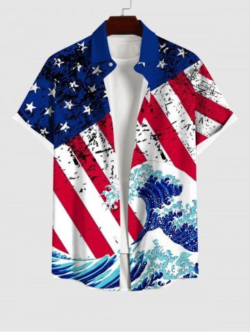 Plus Size Patriotic American Flag Sea Waves Print Buttons Pocket Shirt For Men - MULTI-A - 4XL
