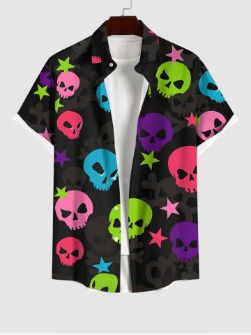 Plus Size Coloful Skull Star Print Buttons Pocket Shirt For Men - BLACK - 2XL