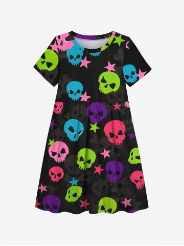 Kid's Coloful Skull Star Print Dress - BLACK - 100