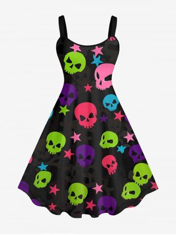 Plus Size Coloful Skull Star Print Tank Dress - BLACK - S