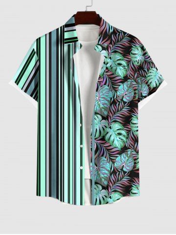 Plus Size Striped Coconut Leaves Print Hawaii Button Pocket Shirt For Men - GREEN - S