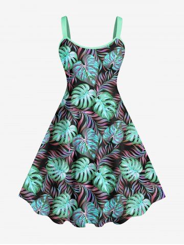 Plus Size Colorful Coconut Leaves Print Hawaii Backless A Line Tank Dress - GREEN - XS