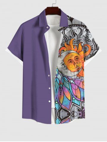 Plus Size Colorful Ombre Colorblock Sun Moon Print Button Pocket Shirt For Men - PURPLE - S