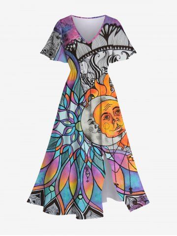 Plus Size Colorful Ombre Dreamcatcher Sun Moon Colorblock Print Split Pocket A Line Dress - MULTI-A - XS