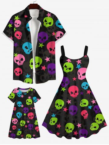 Coloful Skull Star Print Plus Size Matching Outfit For Family - BLACK