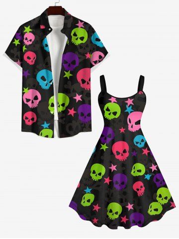 Coloful Skull Star Print Plus Size Matching Outfit For Couples - BLACK