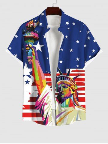 Plus Size Statue Of Liberty American Flag Printed Button Pocket Shirt For Men - BLUE - M