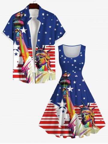 Statue Of Liberty American Flag Print Plus Size Matching Set For Couples - BLUE