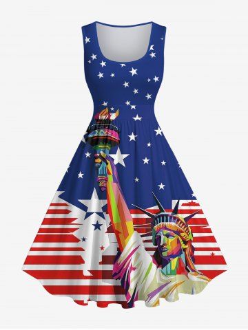 Plus Size Statue Of Liberty American Flag Print Vintage 1950s Swing A Line Dress - BLUE - M