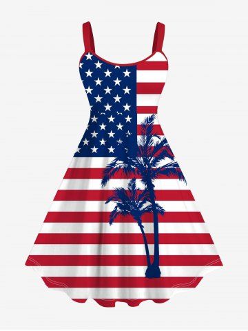Plus Size Patriotic American Flag Coconut Tree Print Tank Dress - MULTI-A - 1X
