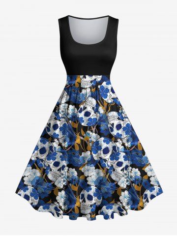 Plus Size Skulls Ink Flower Print 1950s Vintage Swing A Line Dress - BLACK - 2X