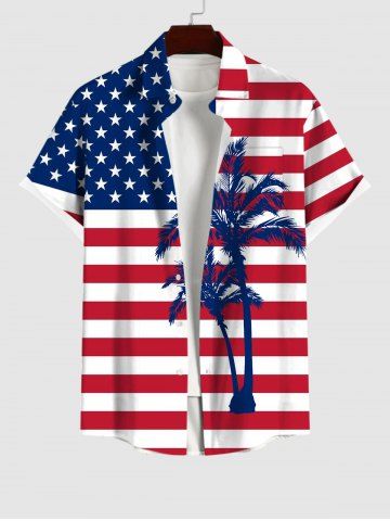 Plus Size Patriotic American Flag Coconut Tree Print Button Pocket Shirt For Men
