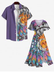 Colorful Ombre Colorblock Sun Moon Print Plus Size Matching Set For Couples -  
