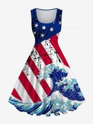 Plus Size Patriotic American Flag Sea Waves Print 1950s Vintage Dress -  