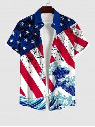 Plus Size Patriotic American Flag Sea Waves Print Buttons Pocket Shirt For Men -  