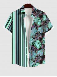 Plus Size Striped Coconut Leaves Print Hawaii Button Pocket Shirt For Men -  