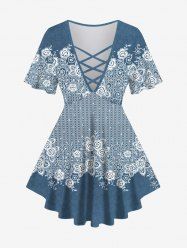 Plus Size Rose Flower Braided Plaid Print Lattice T-shirt -  