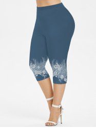 Plus Size Rose Flower Braided Plaid Print Capri Leggings -  