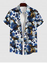 Plus Size Skulls Ink Flower Print Button Pocket Shirt For Men -  