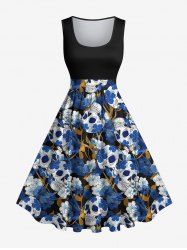 Robe Vintage Trapèze Grande Taille Imprimée à Fleurs et Crâne - Noir XXS