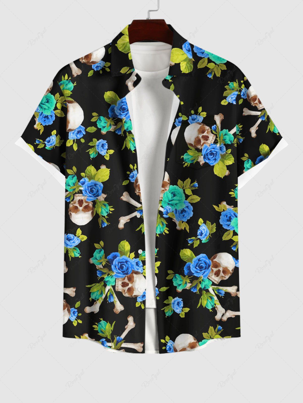 Chemise Homme à Boutons avec Poche Imprimé Roses et Crânes Noir 3XL