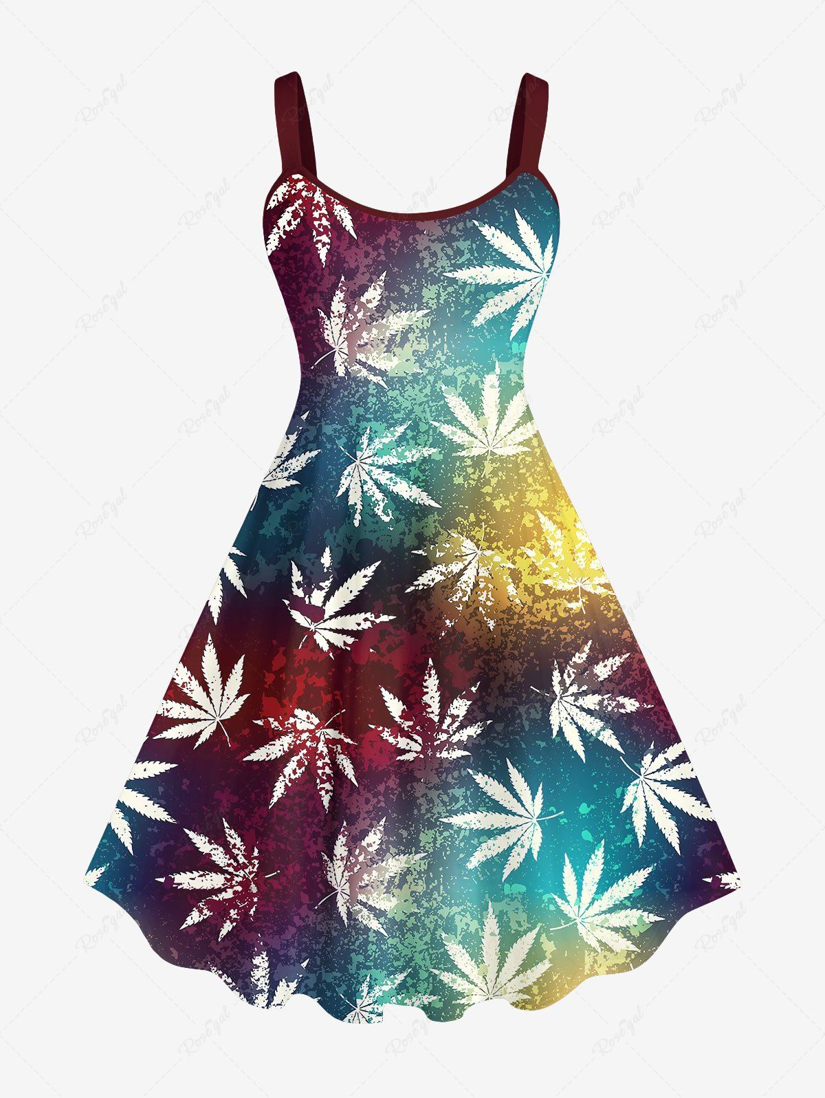 Trendy Plus Size Maple Leaf Ombre Tie Dye Print Hawaii Tank Dress  