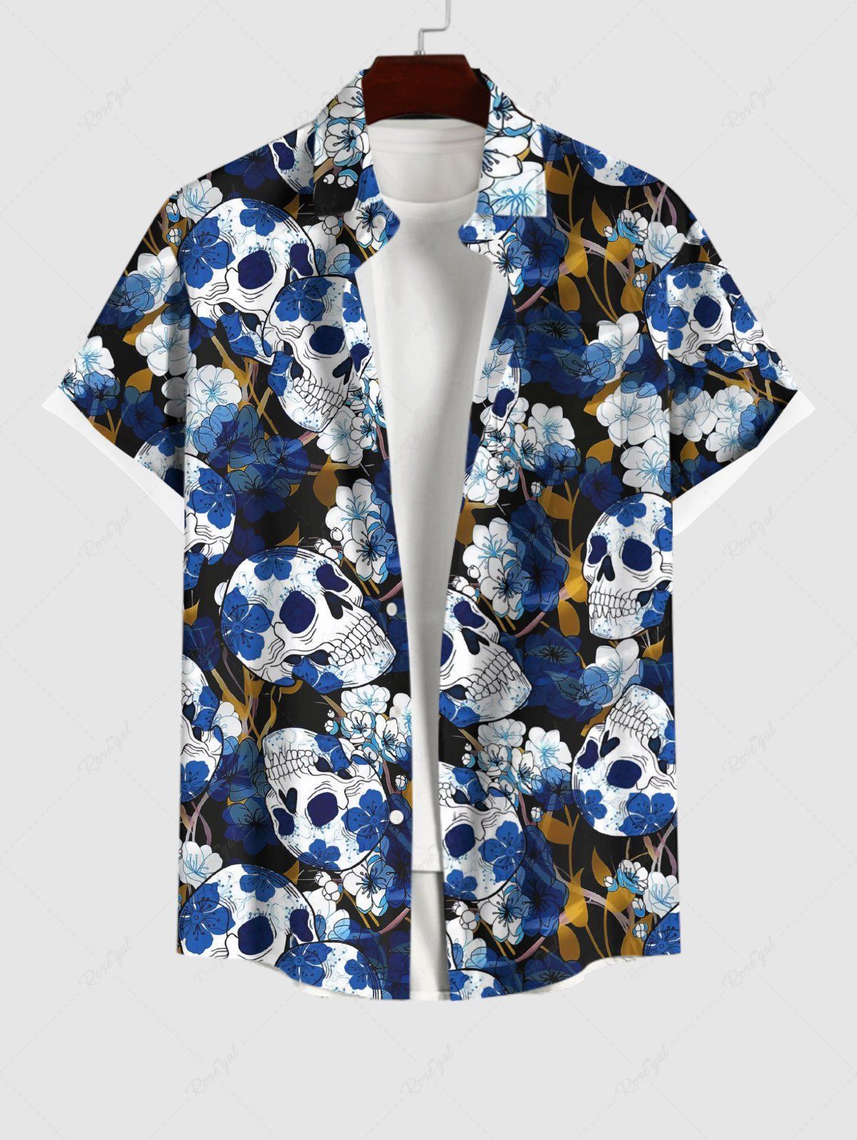 Latest Plus Size Skulls Ink Flower Print Button Pocket Shirt For Men  