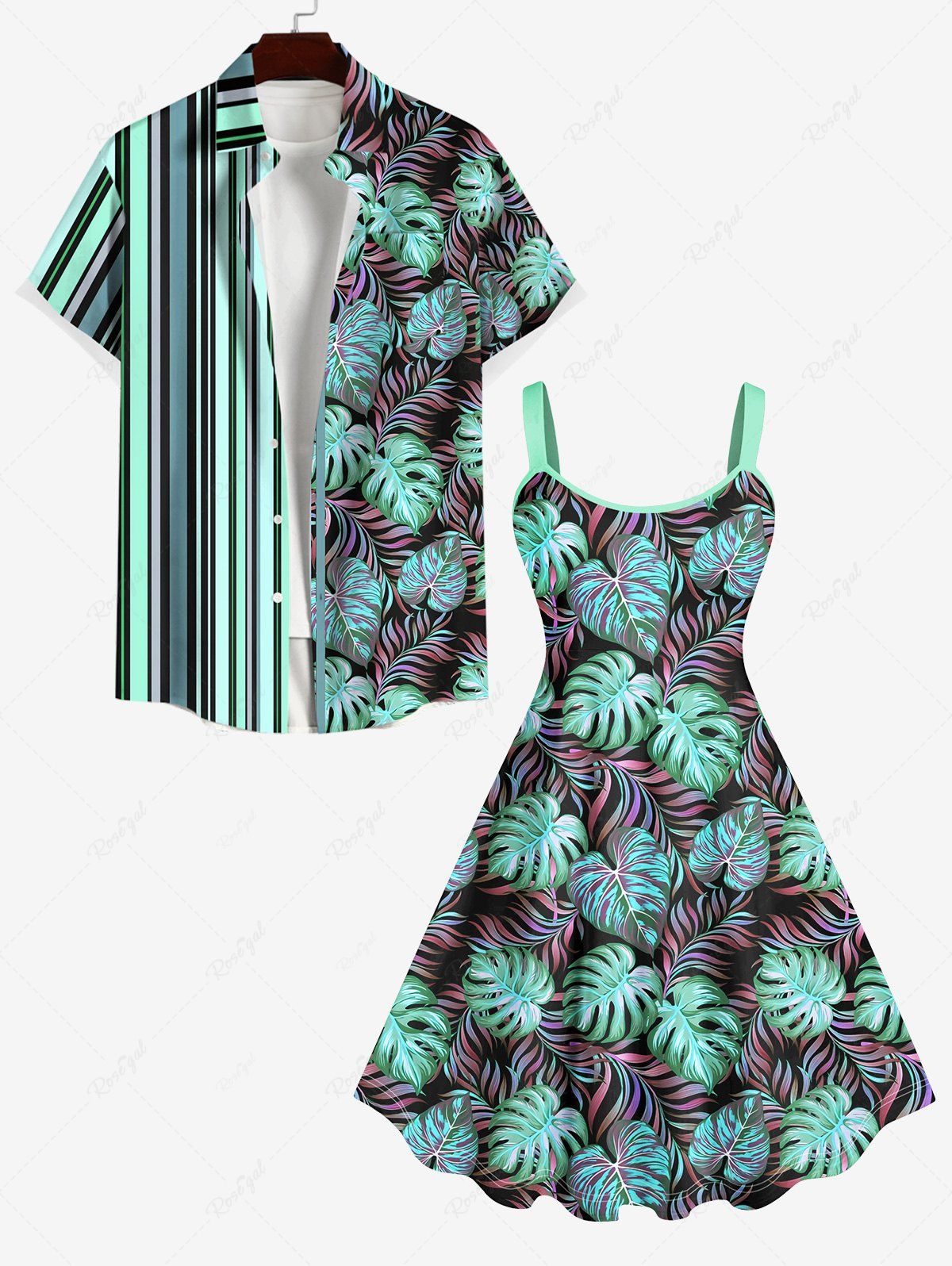 Unique Colorful Coconut Leaves Print Plus Size Matching Hawaii Beach Outfit For Couples  
