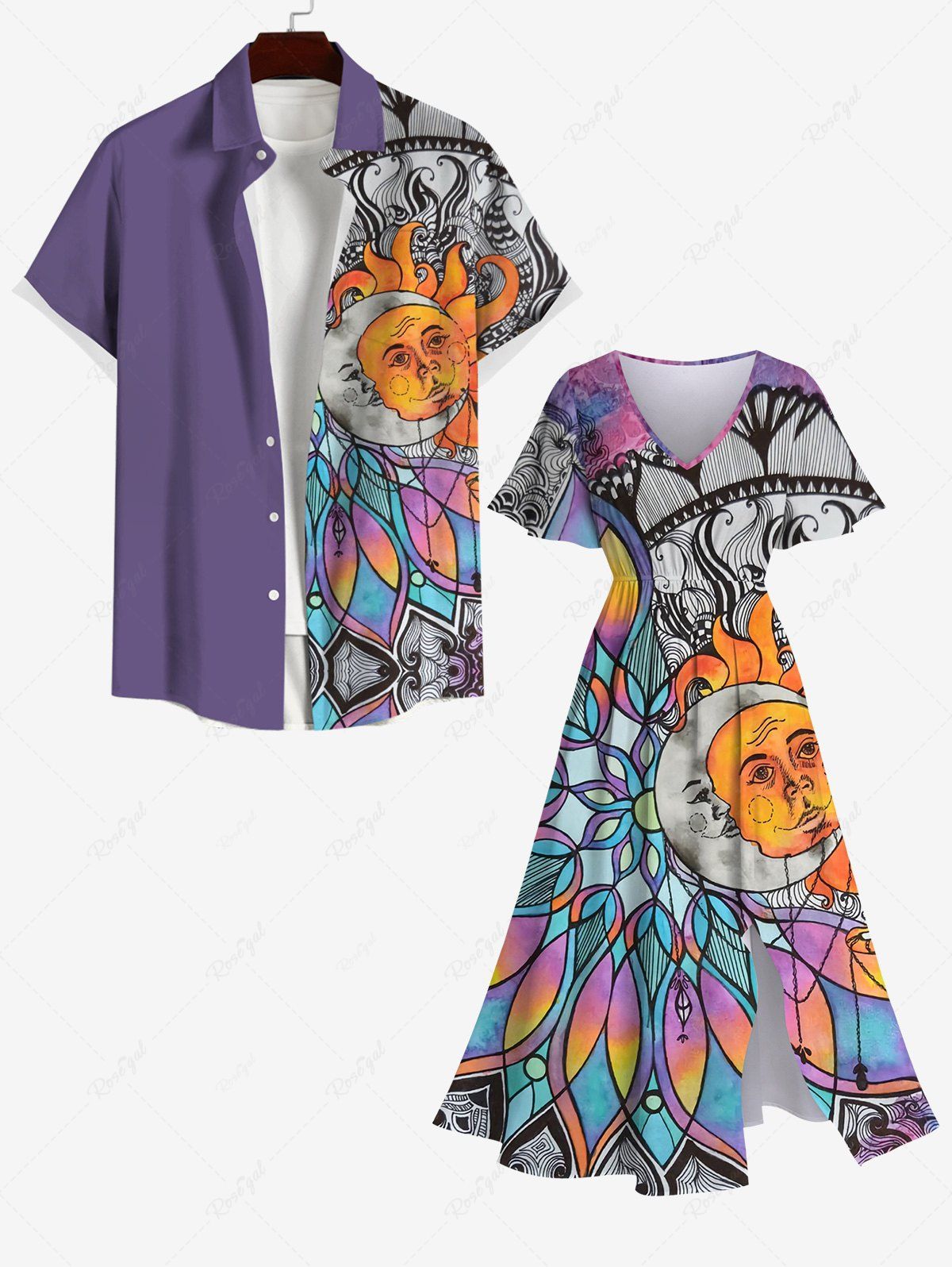Best Colorful Ombre Colorblock Sun Moon Print Plus Size Matching Set For Couples  
